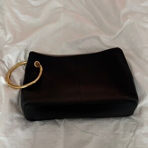 Black Leather Wristlet with Gold Ring Handle